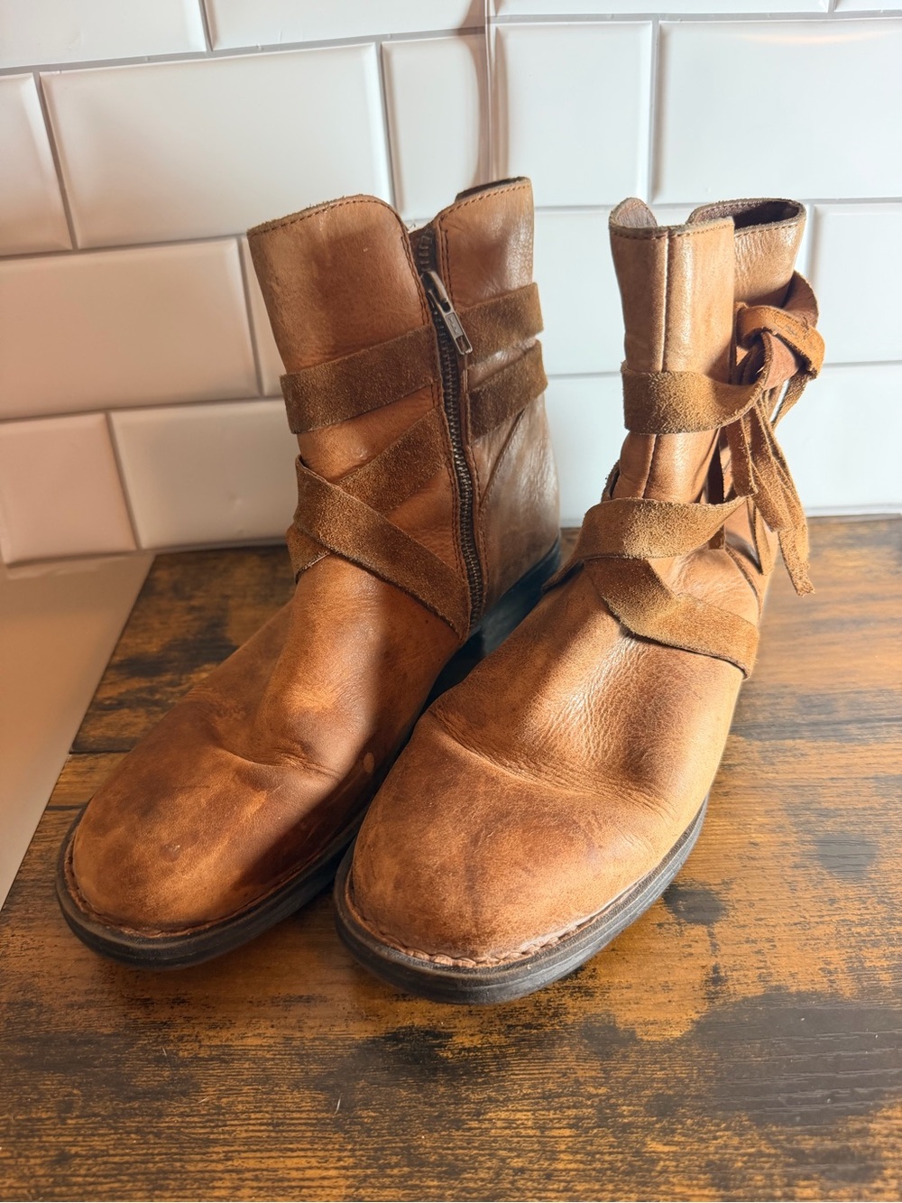 Born Tan Leather Ankle Boots with Wrap Suede Straps - Picture 2 of 6